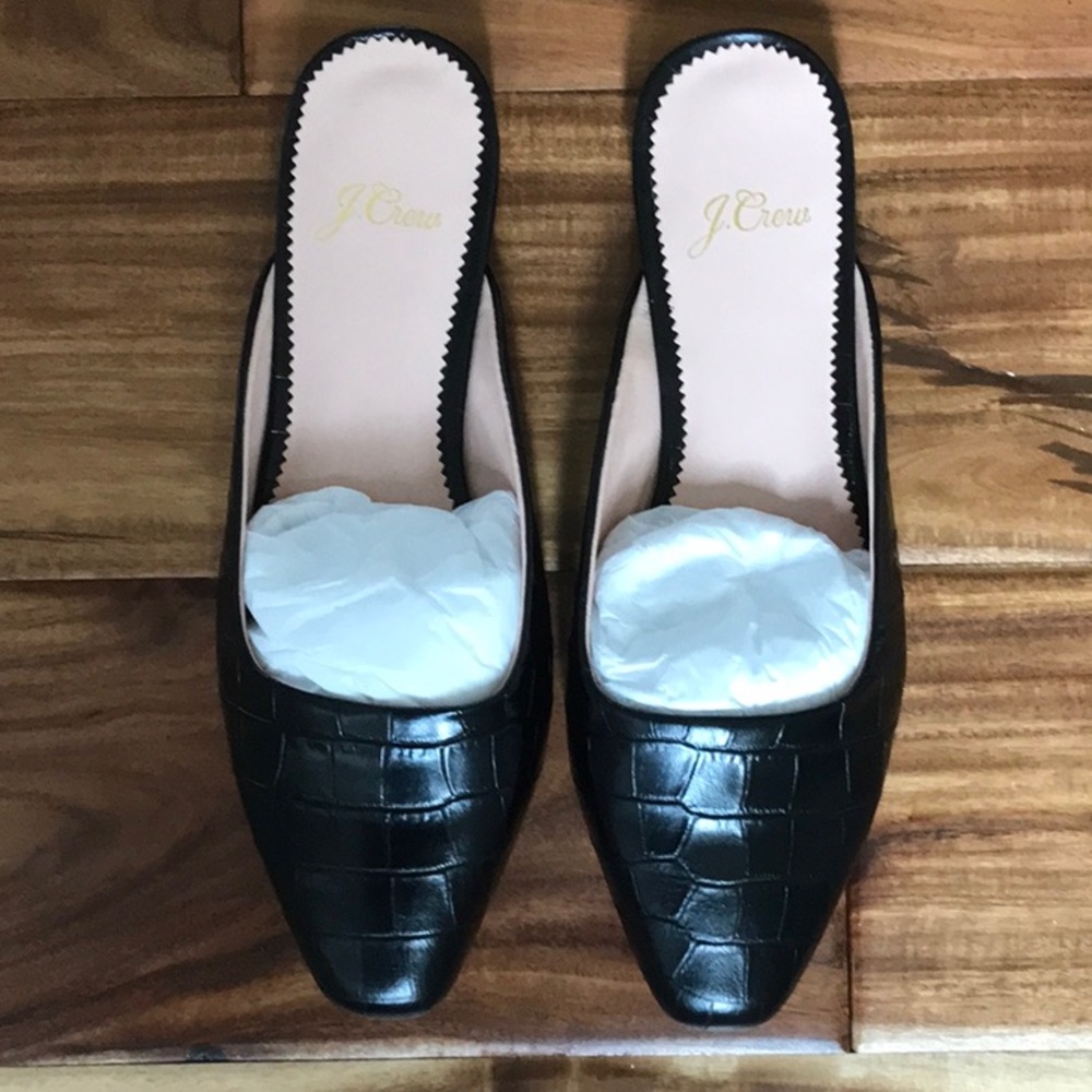 NIB J. Crew black croc embossed leather mules sz 5.5. EU 36